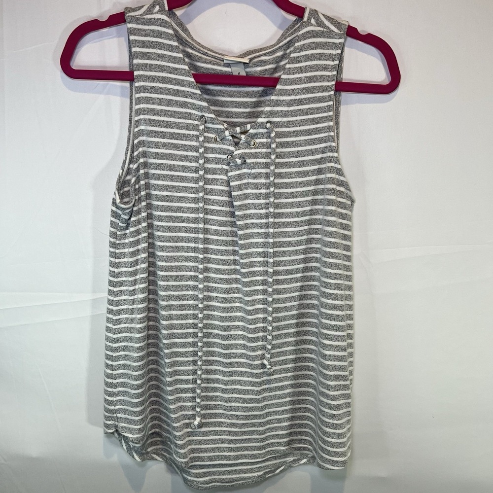 A New Day Womens Tank Top sz S Gray White Striped Sleeveless V Neck Relaxed Fit